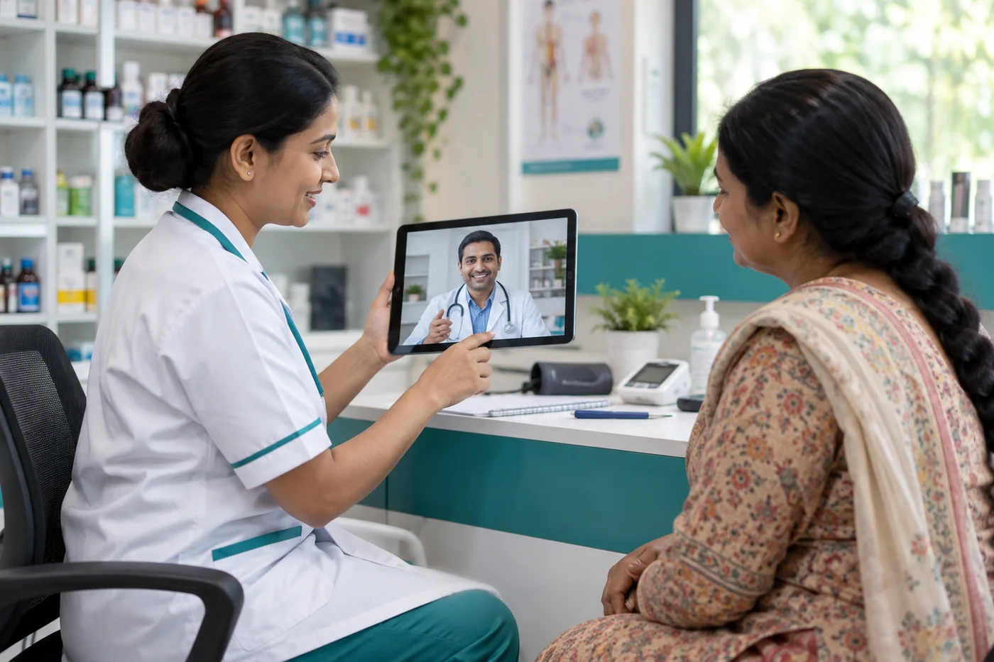 A health worker helping a patient consult a doctor online